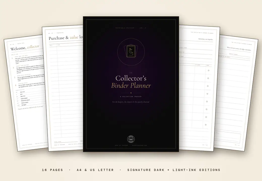 Pages from The Collector's Binder Planner: dark pages with fine gold linework, set trackers and binder page planners.