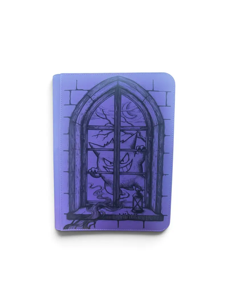 Dark zip binder engraved with a grinning Gengar-inspired figure at a rainy window and the title At the Window.