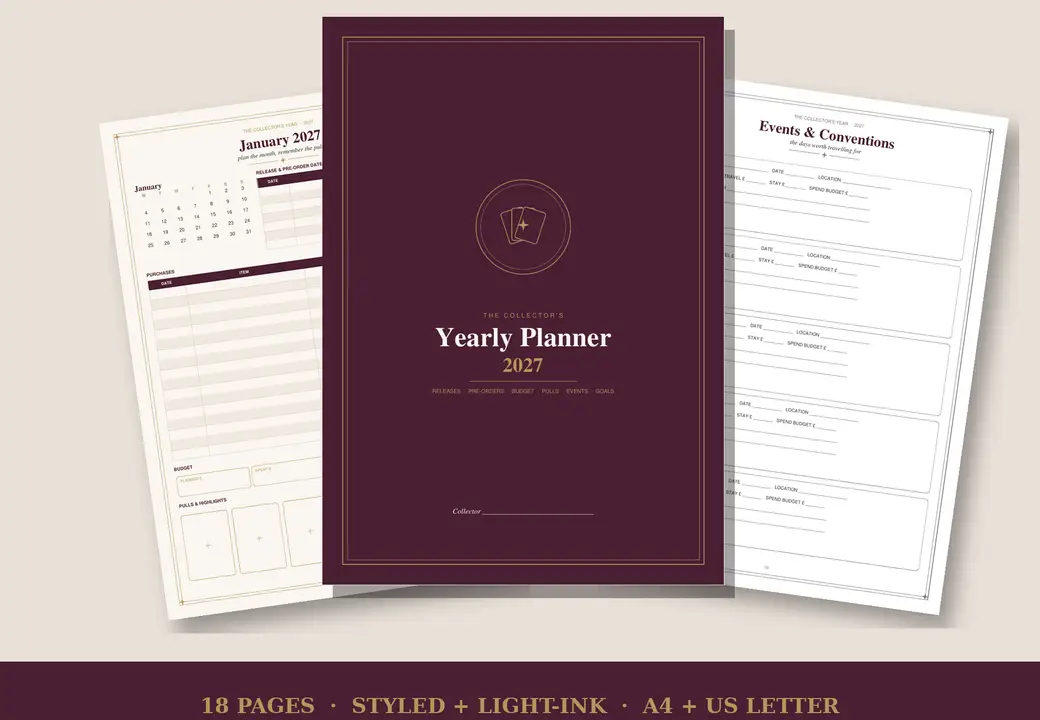 Cover of The Collector's Yearly Planner 2027 in deep plum, ivory and antique gold.